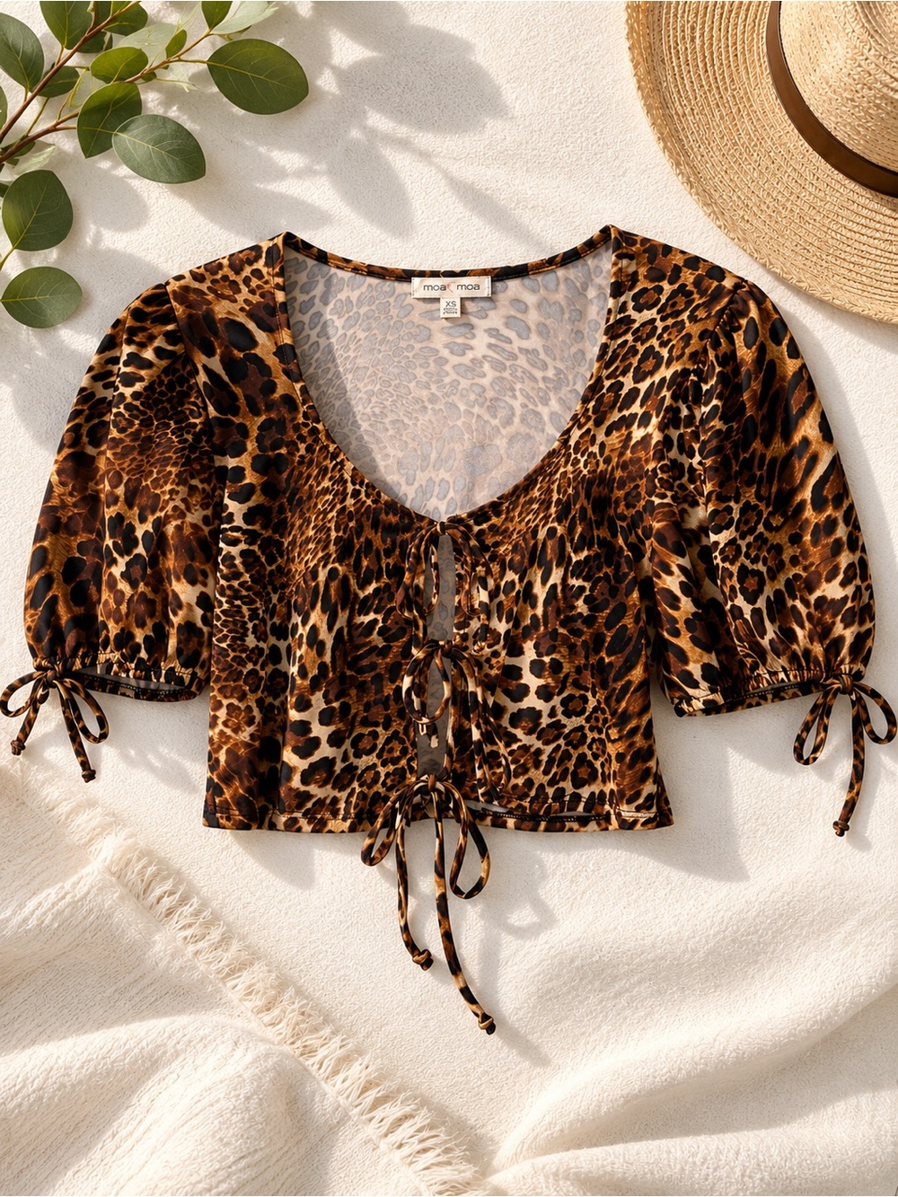 NWT Moa Moa Leopard-Print Tie-Front Crop Top